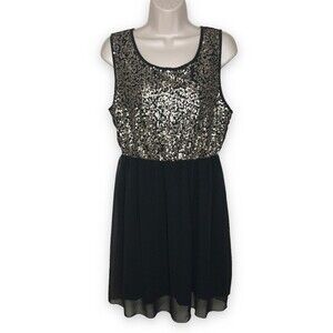 NWT Pinky Gold Sequin Black Chiffon Short Sleeveless Party Dress Women Large
